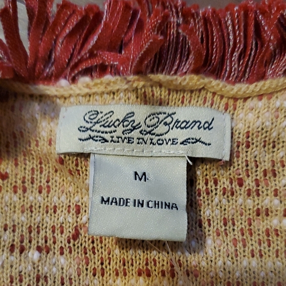 Lucky Brand Red and Cream Marled Pattern Fringe Trim Open Front Cropped Cardigan - Picture 2 of 10